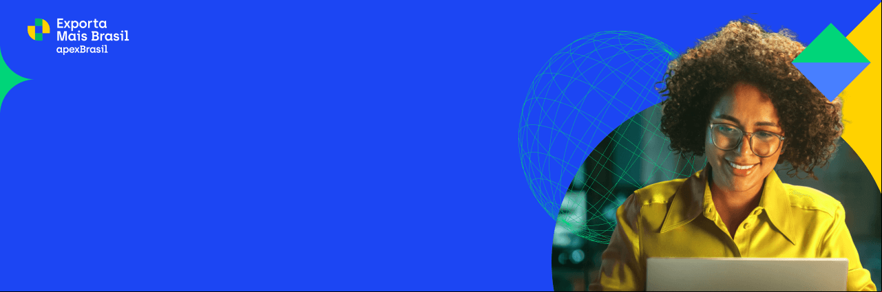 Imagem com fundo colorido, com ênfase no azul e destaque para uma mulher olhando um notebook
