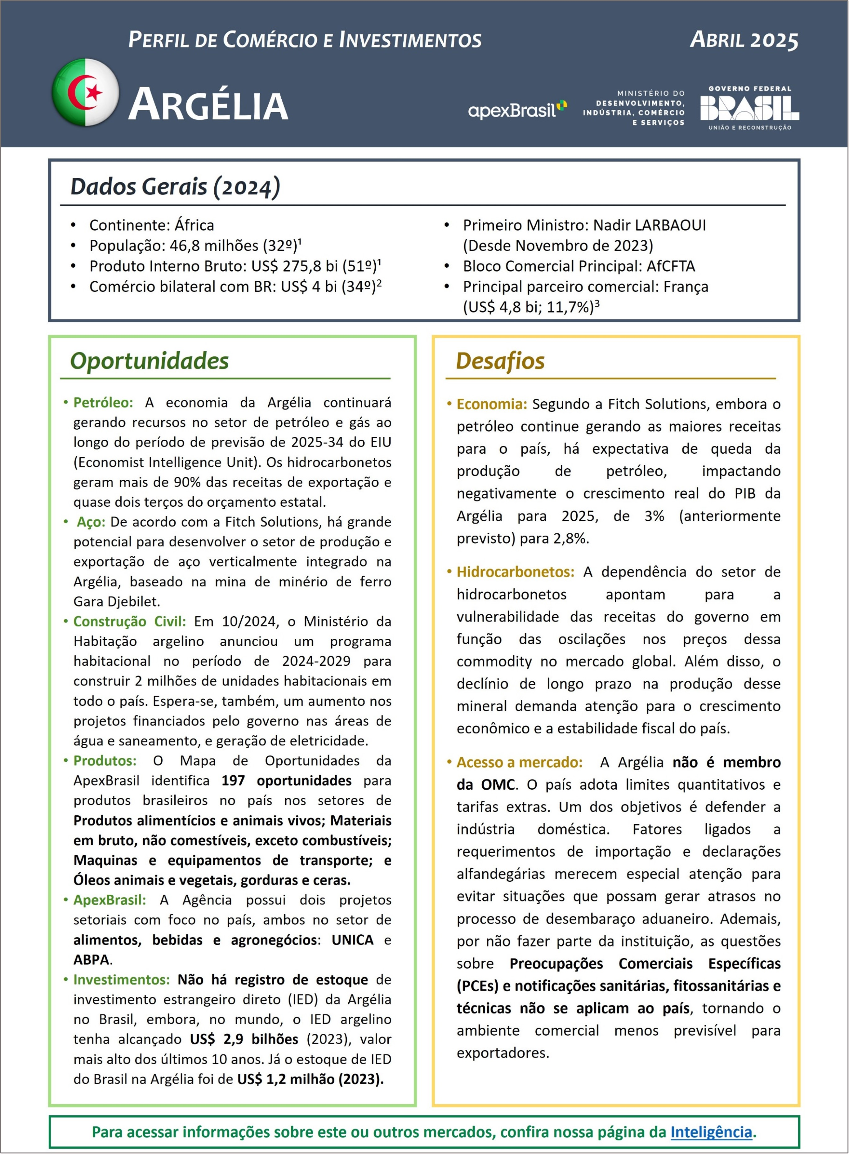 PERFIL DE COMÉRCIO E INVESTIMENTOS - ARGÉLIA - 2025
