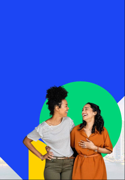 Banner com fundo colorido, destacando duas mulheres sorrindo e se abraçando